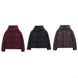 Women's Casual Hooded Padded Jacket 100% Polyester Quilted Warm Winter Coat Loose Fit Outwear For Ladies Black Coffee Wine Red Solid Color Streetwear