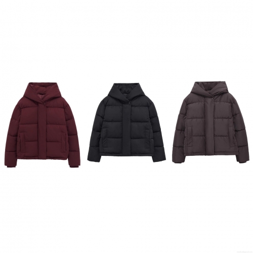 Women's Casual Hooded Padded Jacket 100% Polyester Quilted Warm Winter Coat Loose Fit Outwear For Ladies Black Coffee Wine Red Solid Color Streetwear