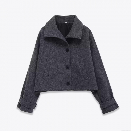 Women's Fashion Melange Grey Lapel Woolen Coat Loose Single Breasted Long Sleeve Short Jacket With Cuff Straps Streetwear Autumn Winter Outerwear