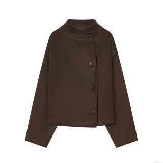 Women's Solid Coffee Brown Short Jacket Stand Collar Single Breasted Long Sleeve Streetwear Casual Fall Winter Outerwear Coat For Ladies