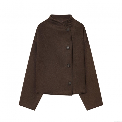 Women's Solid Coffee Brown Short Jacket Stand Collar Single Breasted Long Sleeve Streetwear Casual Fall Winter Outerwear Coat For Ladies