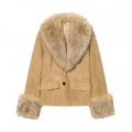 Women's Faux Fur Collar Suede Jacket Warm Winter Streetwear Single Breasted Long Sleeve Khaki Outerwear Fashion Coats For Ladies