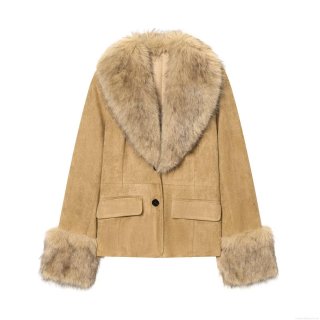 Women's Faux Fur Collar Suede Jacket Warm Winter Streetwear Single Breasted Long Sleeve Khaki Outerwear Fashion Coats For Ladies