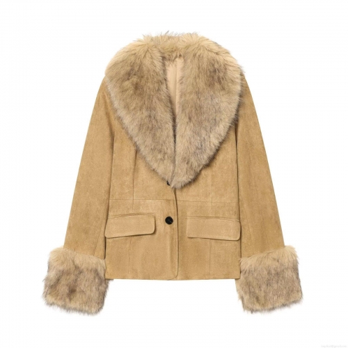 Women's Faux Fur Collar Suede Jacket Warm Winter Streetwear Single Breasted Long Sleeve Khaki Outerwear Fashion Coats For Ladies