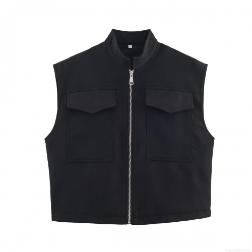 Women's Solid Color Utility Vest Stand Collar Sleeveless Zip Up Waistcoat With Pockets Casual Polyester Outerwear Streetwear For Spring Autumn