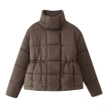 Women's Stand Collar Quilted Padded Jacket With Drawstring Waist Solid Color Polyester Warm Winter Outerwear Casual Puffer Coat For Women
