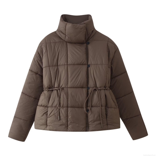 Women's Stand Collar Quilted Padded Jacket With Drawstring Waist Solid Color Polyester Warm Winter Outerwear Casual Puffer Coat For Women