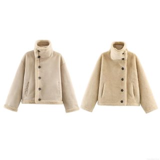 Women's Reversible Faux Fur Shearling Jacket Suede Lambswool Splicing Coat Stand Collar Single Breasted Warm Streetwear Loose Outerwear