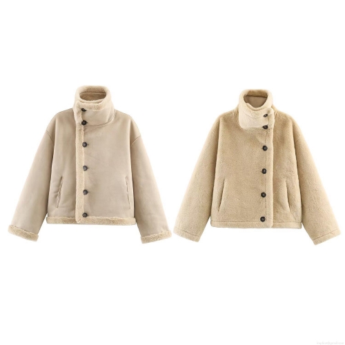 Women's Reversible Faux Fur Shearling Jacket Suede Lambswool Splicing Coat Stand Collar Single Breasted Warm Streetwear Loose Outerwear