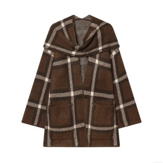 Women's Plaid Knit Outerwear With Scarf Collar Long Sleeve Polyester Checkered Cardigan Casual Fall Winter Loose Jacket With Pockets Streetwear Coat