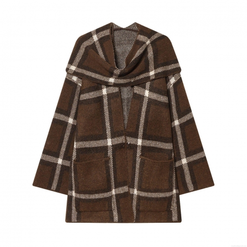 Women's Plaid Knit Outerwear With Scarf Collar Long Sleeve Polyester Checkered Cardigan Casual Fall Winter Loose Jacket With Pockets Streetwear Coat