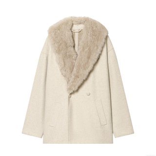 Women's Elegant Faux Fur Collar Coat Polyester Warm Double Breasted Medium Long Jacket For Winter Outdoor Street Style Lady Outerwear