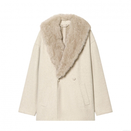 Women's Elegant Faux Fur Collar Coat Polyester Warm Double Breasted Medium Long Jacket For Winter Outdoor Street Style Lady Outerwear