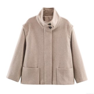 Women's Stand Collar Woolen Blend Short Jacket Khaki Long Sleeve Coat With Big Pockets Fashion Casual Streetwear Outerwear For Autumn Winter