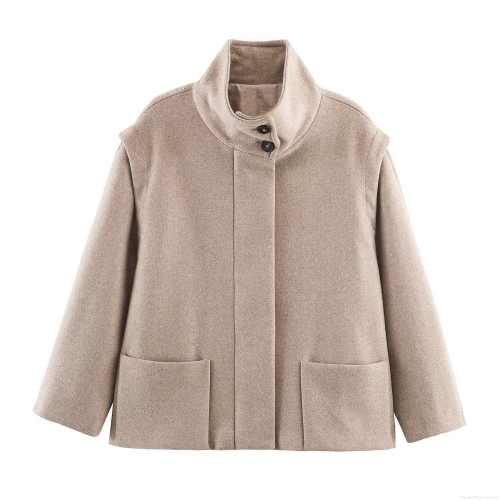 Women's Stand Collar Woolen Blend Short Jacket Khaki Long Sleeve Coat With Big Pockets Fashion Casual Streetwear Outerwear For Autumn Winter
