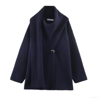 Women's Long Sleeve Scarf Collar Knit Coat Loose Solid Color Mid-Length Outerwear Jacket With Metal Button For Autumn Winter Casual Fashion Streetwear