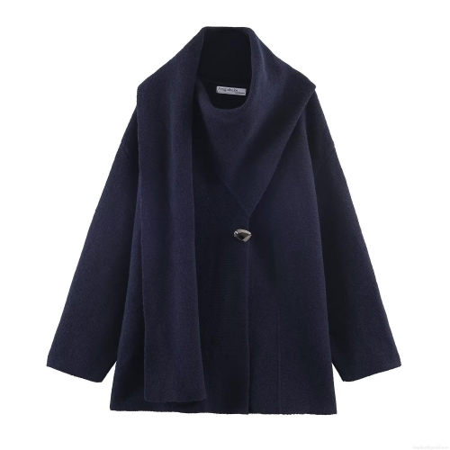 Women's Long Sleeve Scarf Collar Knit Coat Loose Solid Color Mid-Length Outerwear Jacket With Metal Button For Autumn Winter Casual Fashion Streetwear