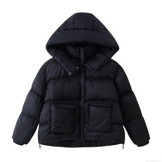 Women's Winter Padded Jacket Thick Hooded Cotton Coat Windproof Warm Quilted Outerwear With Pockets Loose Fit Casual Streetwear Black Puffer Jacket For Lady