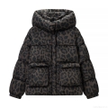 Women's Leopard Print Hooded Puffer Jacket Casual Warm Polyester Padded Coat with Pockets Long Sleeve Zip Up Outerwear for Winter Streetwear