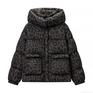 Women's Leopard Print Hooded Puffer Jacket Casual Warm Polyester Padded Coat with Pockets Long Sleeve Zip Up Outerwear for Winter Streetwear