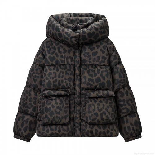 Women's Leopard Print Hooded Puffer Jacket Casual Warm Polyester Padded Coat with Pockets Long Sleeve Zip Up Outerwear for Winter Streetwear