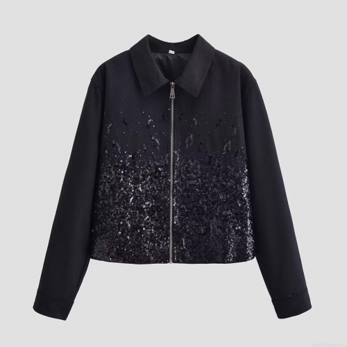 Women's Fashion Black Sequin Jacket Long Sleeve Turn Down Collar Zipper Loose Outerwear For Women Streetwear Autumn Polyester Coat