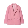 Women's Pink Blazer Jacket Woolen Blend Lapel Long Sleeve Two Button Coat For Office Daily Streetwear Chic Outerwear With Pockets