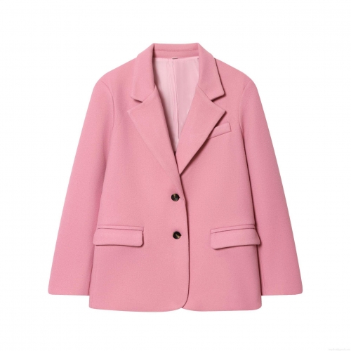 Women's Pink Blazer Jacket Woolen Blend Lapel Long Sleeve Two Button Coat For Office Daily Streetwear Chic Outerwear With Pockets