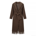 Women's Autumn Winter Long Polyester Overcoat With Tassel Decoration Streetwear Fashion Tie Waist Overcoat With Metal Magnetic Buckle For Women