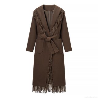 Women's Autumn Winter Long Polyester Overcoat With Tassel Decoration Streetwear Fashion Tie Waist Overcoat With Metal Magnetic Buckle For Women