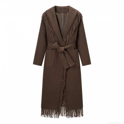 Women's Autumn Winter Long Polyester Overcoat With Tassel Decoration Streetwear Fashion Tie Waist Overcoat With Metal Magnetic Buckle For Women