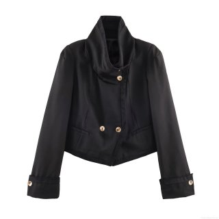 Women's Autumn Stand Collar Short Double Breasted Jacket Fashion Black Corduroy Patchwork Coat With Gold Buttons Elegant Street Style Outerwear