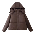 Women's Loose Hooded Puffer Jacket Polyester Long Sleeve Quilted Cotton Coat For Winter Outdoor Casual Streetwear