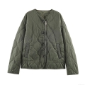 Women's Army Green Quilted Jacket Round Neck Padded Puffer Coat With Polyester Fiber Filling Loose Lightweight Autumn Winter Outerwear European Style