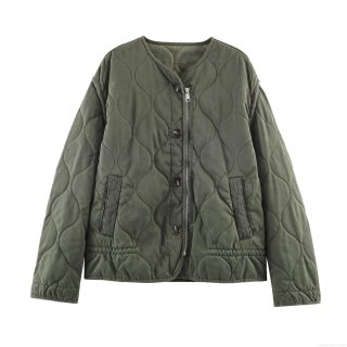Women's Army Green Quilted Jacket Round Neck Padded Puffer Coat With Polyester Fiber Filling Loose Lightweight Autumn Winter Outerwear European Style
