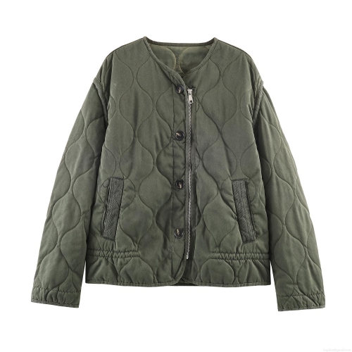 Women's Army Green Quilted Jacket Round Neck Padded Puffer Coat With Polyester Fiber Filling Loose Lightweight Autumn Winter Outerwear European Style