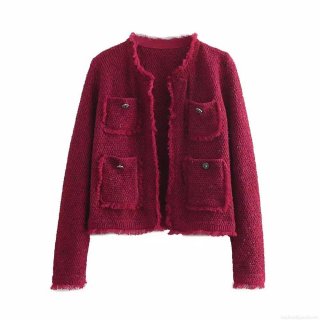 Women Elegant Tweed Jacket Vintage Fringe Trim Metallic Button Coat Four Pockets Long Sleeve Round Neck Outerwear Wine Red Elegant Casual Streetwear Cardigan