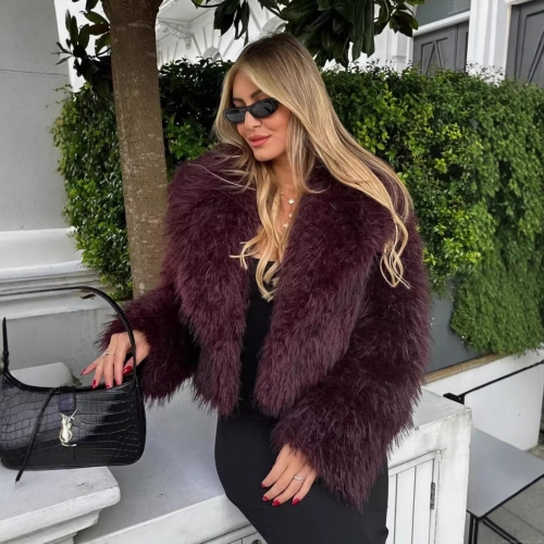 Women's Luxury Faux Fur Coat Winter Warm Short Jacket 100% Polyester Shaggy Fluffy Solid Burgundy Lapel Overcoat Long Sleeve Streetwear Outerwear For Women