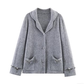 Women's Knit Cardigan Jacket Rhinestone Flower Decoration Long Sleeve Lapel Cotton Wool Blend Knitted Outerwear Streetwear Casual Fashion Spring Coat