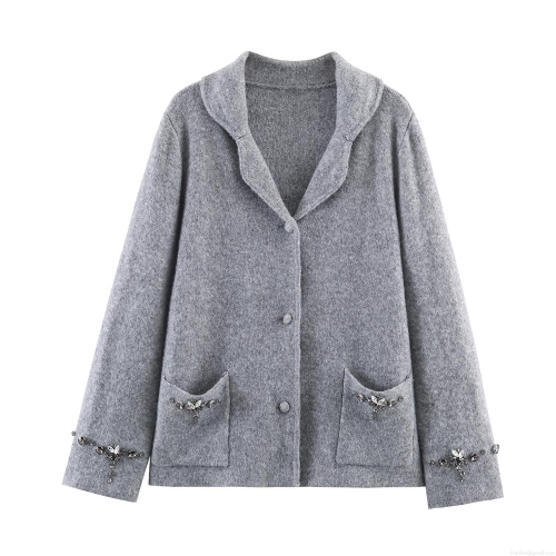 Women's Knit Cardigan Jacket Rhinestone Flower Decoration Long Sleeve Lapel Cotton Wool Blend Knitted Outerwear Streetwear Casual Fashion Spring Coat