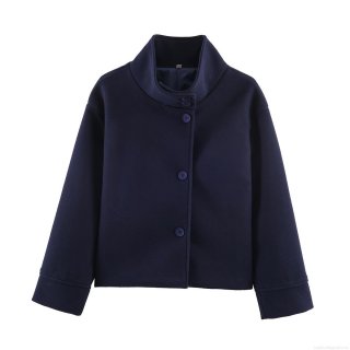 Women's Fashion Stand Collar Woolen Coat Single Breasted Navy Blue Casual Outerwear Loose Short Jacket Streetwear For Ladies Winter