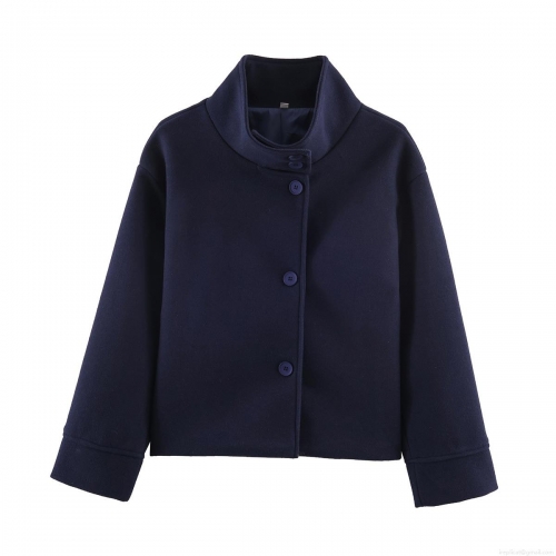 Women's Fashion Stand Collar Woolen Coat Single Breasted Navy Blue Casual Outerwear Loose Short Jacket Streetwear For Ladies Winter