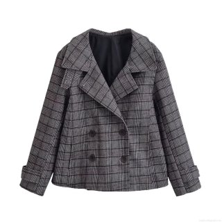 Women Fashion Double Breasted Plaid Jacket Outerwear Classic Notched Lapel Prince of Wales Check Long Sleeve Loose Fit Casual Coat Streetwear For Ladies