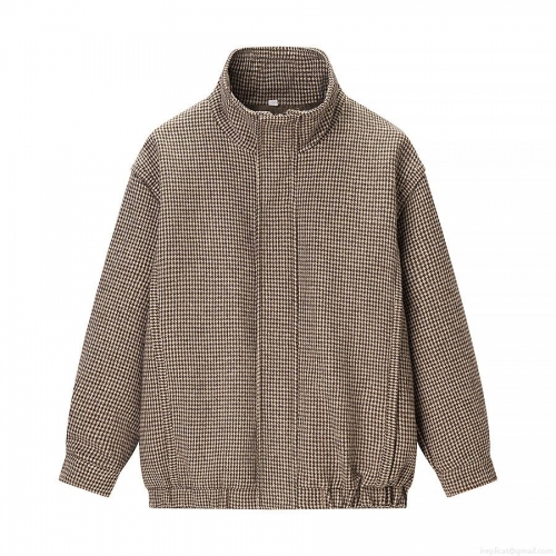 Women's Houndstooth Bomber Jacket Polyester Woolen Blend Fabric Stand Collar Full Zipper Closure Loose Fit Ribbed Cuffs Hem Vintage Streetwear Casual Jacket Outerwear