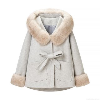 Women's Winter Hooded Woolen Coat With Faux Fur Collar And Cuffs Elegant Lace-Up Waist Casual Loose Outerwear Thick Warm Jacket For Ladies