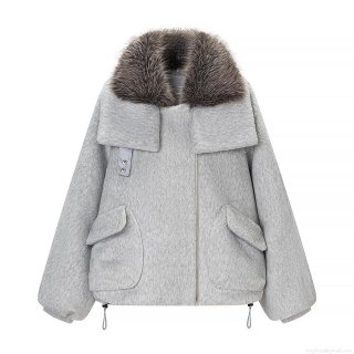 Women's Casual Streetwear Thick Woolen Jacket Coat With Faux Fur Collar Metal Zipper Adjustable Drawstring Hem Warm Winter Mid Length Outwear For Lady