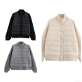 Women's Fashion Casual Knit Patchwork Padded Jacket Quilted Warm Winter Outerwear Coat With Stand Collar Snap Button