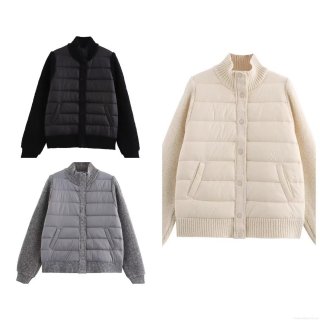 Women's Fashion Casual Knit Patchwork Padded Jacket Quilted Warm Winter Outerwear Coat With Stand Collar Snap Button