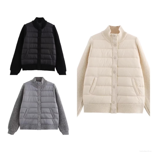Women's Fashion Casual Knit Patchwork Padded Jacket Quilted Warm Winter Outerwear Coat With Stand Collar Snap Button