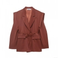 Women Chic Single Breasted Tie Waist Blazer Jacket Long Sleeve Padded Shoulder Solid Color Rust Brown Polyester Suit Coat For Office Daily